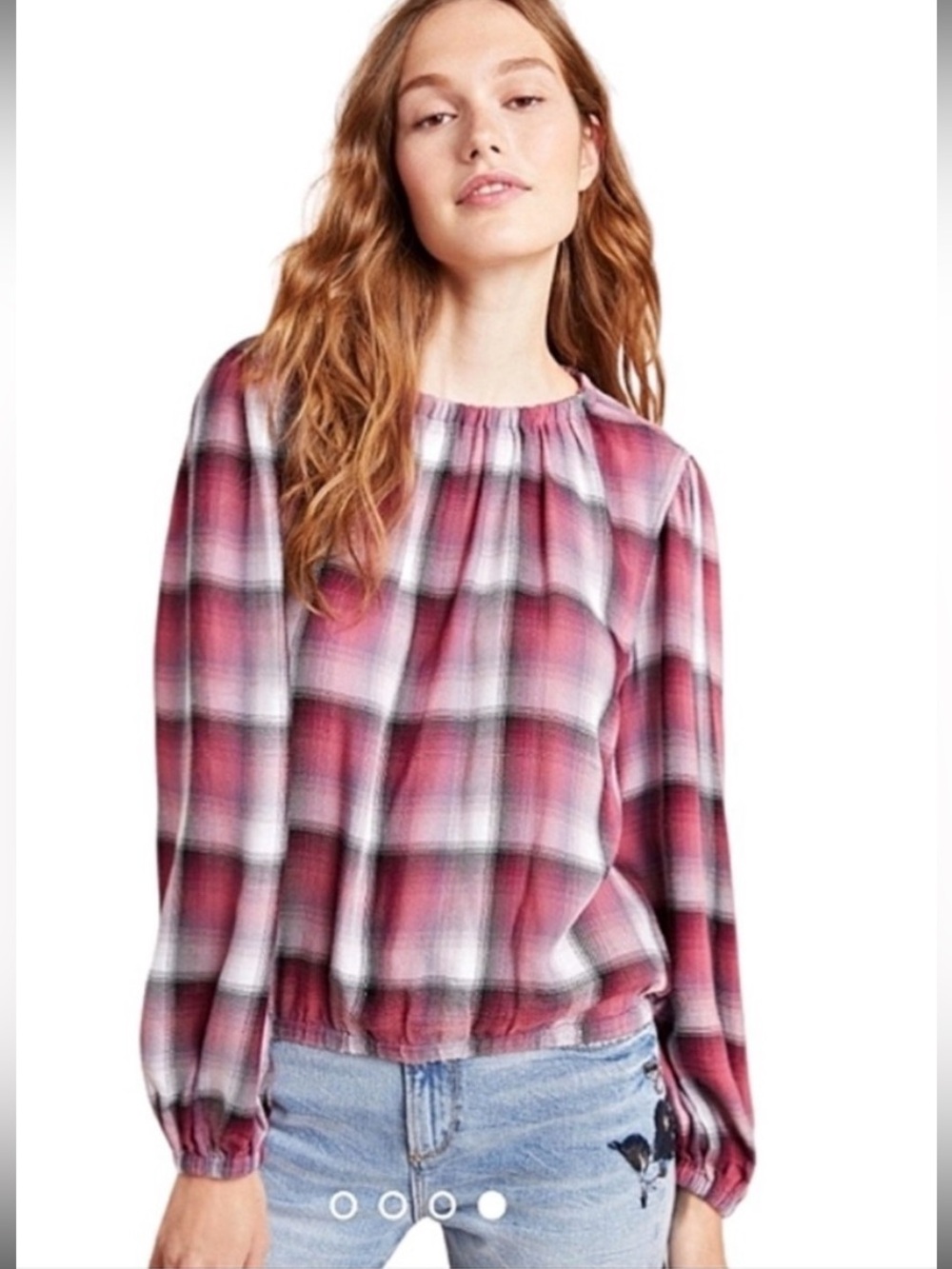 Anthropologie Cloth & Stone Plaid Boho Blouse Berry/White/Black Medium